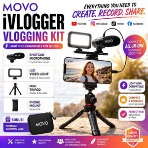 Movo iVlogger Kit for iPhone Compatible Accessories LED Light Shotgun Microphone